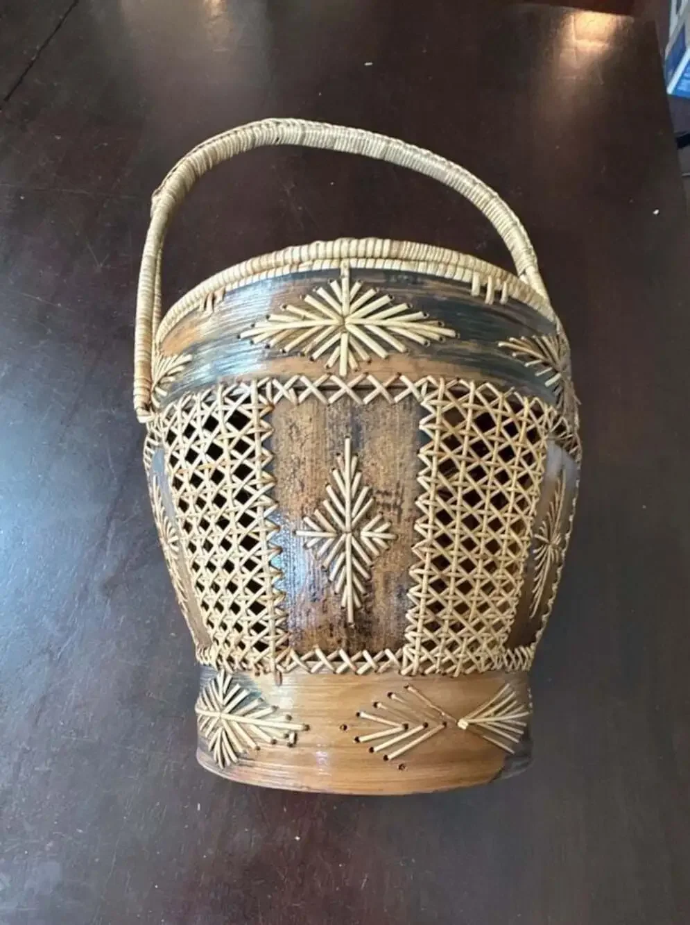 Vintage Decorative Asian Woven Bamboo Rice Basket with Lid and Handle